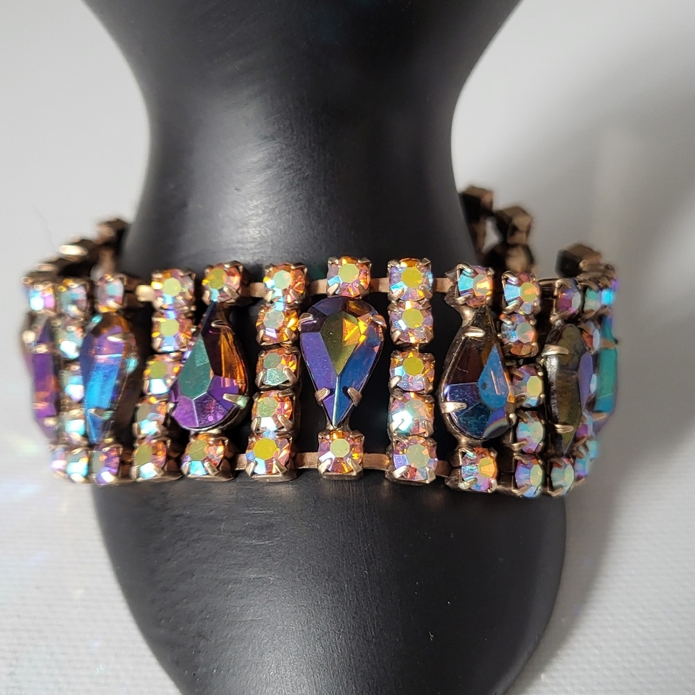 Stunning Estate Vintage Multicolor Aurora Borealis Glass Panel Bracelet